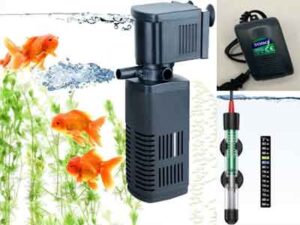 Variety of essential aquarium accessories including filters, heaters, and lighting